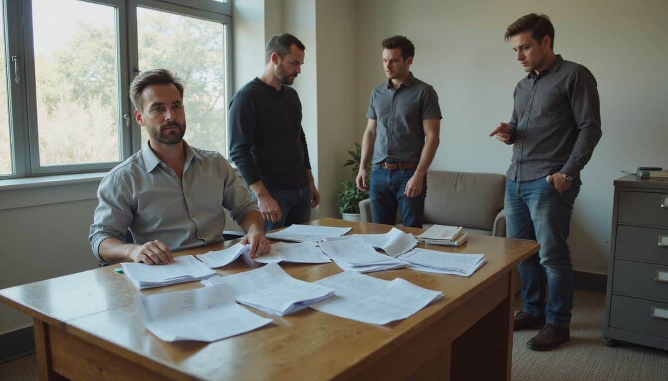 A man in a light gray shirt sits at a cluttered wooden desk, discussing documents with three attentive colleagues. A man in a light gray shirt sits at a cluttered wooden desk, discussing documents with three attentive colleagues.