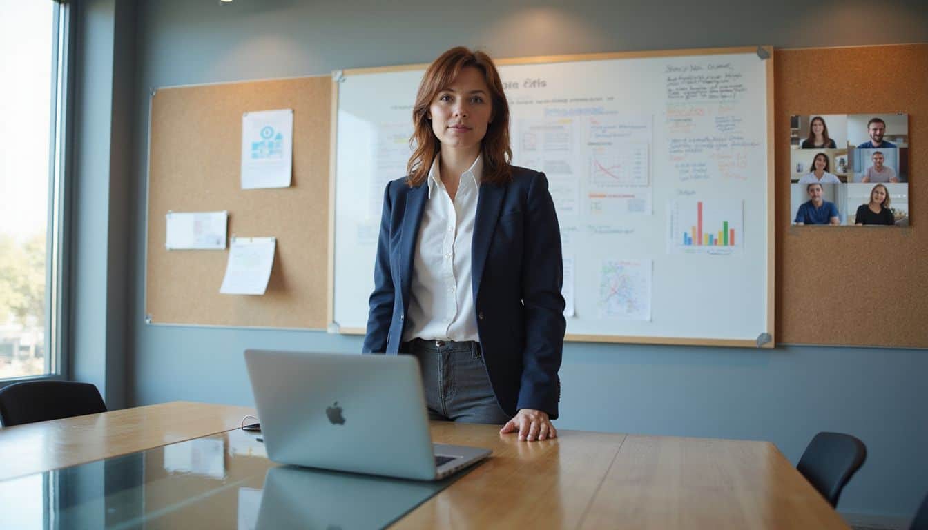 A confident woman in a tailored blazer engages in a collaborative meeting in a modern conference room. A confident woman in a tailored blazer engages in a collaborative meeting in a modern conference room.
