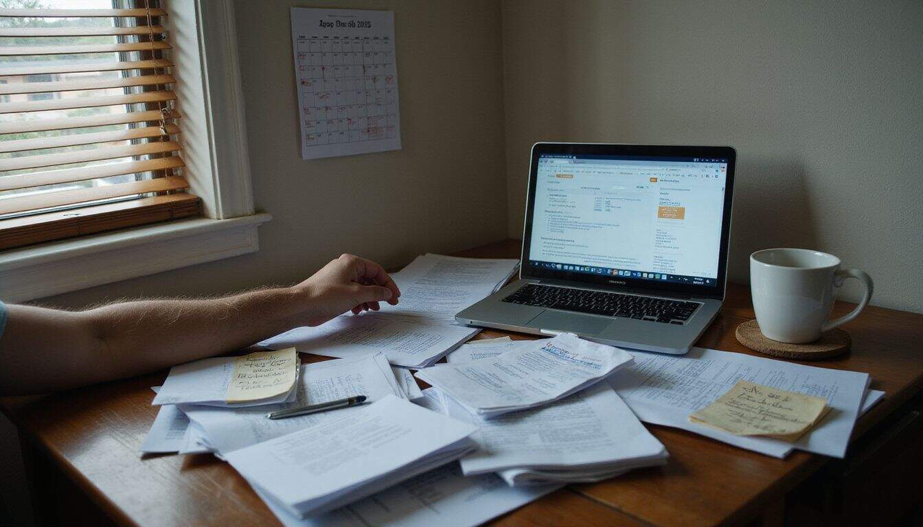 A cluttered office desk displays legal documents, a laptop with financial information, and a coffee cup, indicating busy work. A cluttered office desk displays legal documents, a laptop with financial information, and a coffee cup, indicating busy work.