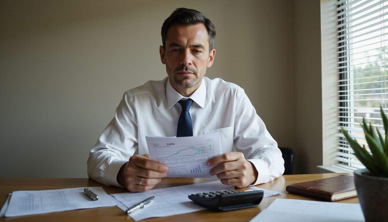 A businessman in a dress shirt studies a financial report at his cluttered oak desk in a corporate office. A businessman in a dress shirt studies a financial report at his cluttered oak desk in a corporate office.