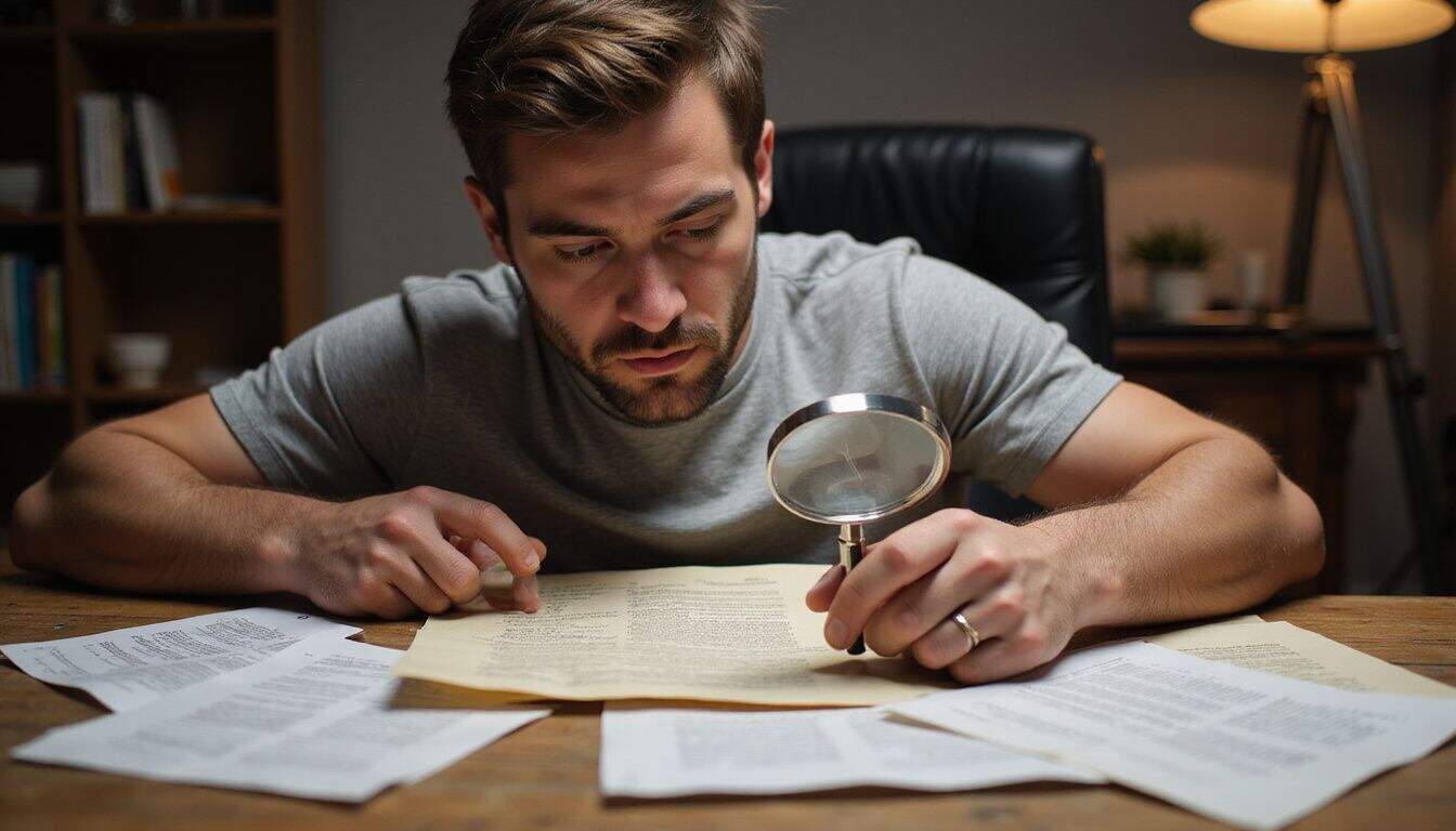 A casually dressed man intensely studies a yellowed contract amid a cluttered desk filled with financial documents. A casually dressed man intensely studies a yellowed contract amid a cluttered desk filled with financial documents.