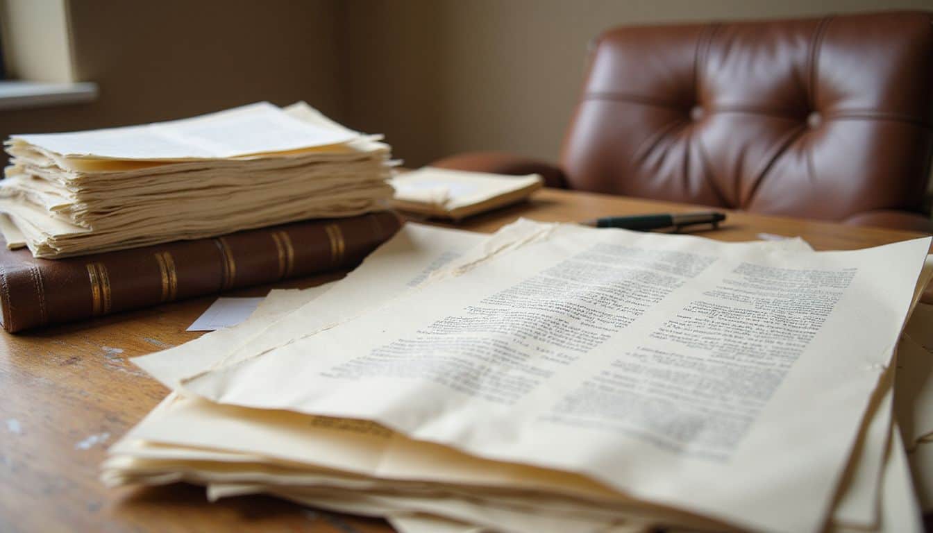 A cluttered wooden desk showcases financial documents, pens, and a leather notebook, reflecting a busy professional environment. A cluttered wooden desk showcases financial documents, pens, and a leather notebook, reflecting a busy professional environment.