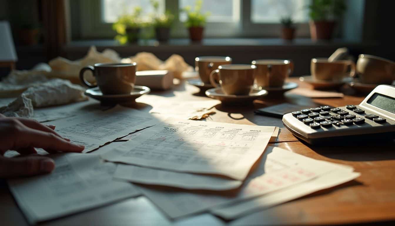 A cluttered wooden desk filled with financial documents, coffee cups, and a calculator reflects the stress of a long workday. A cluttered wooden desk filled with financial documents, coffee cups, and a calculator reflects the stress of a long workday.