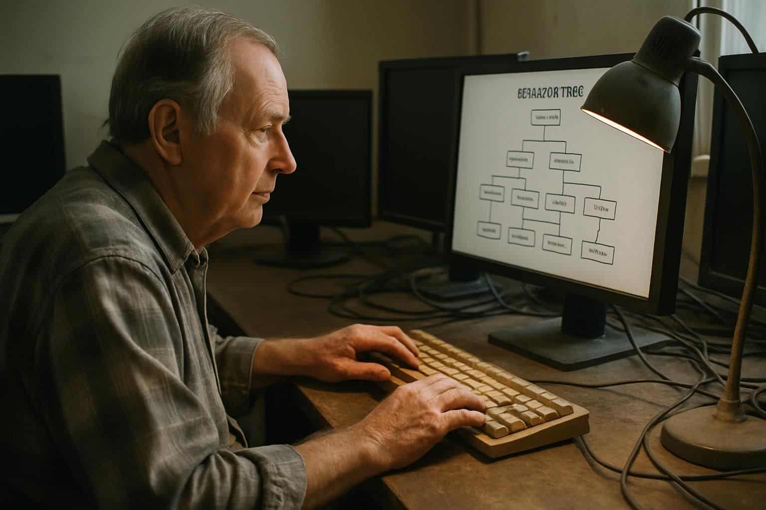 An older man attentively analyzes a behavior tree diagram on a computer while surrounded by a cluttered workspace. An older man attentively analyzes a behavior tree diagram on a computer while surrounded by a cluttered workspace.