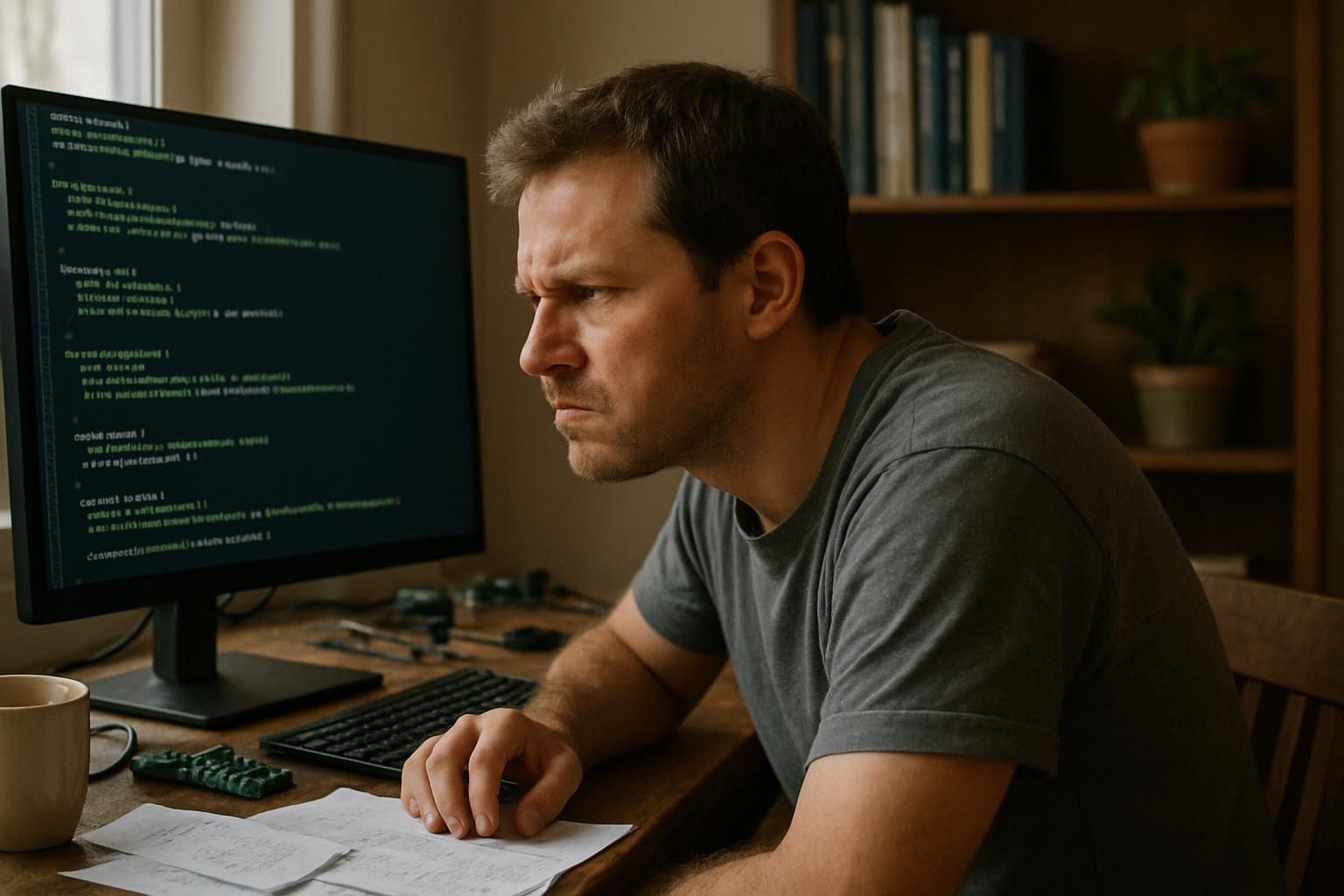 A man struggles with AI integration in game development at a cluttered wooden desk filled with papers and electronics. A man struggles with AI integration in game development at a cluttered wooden desk filled with papers and electronics.