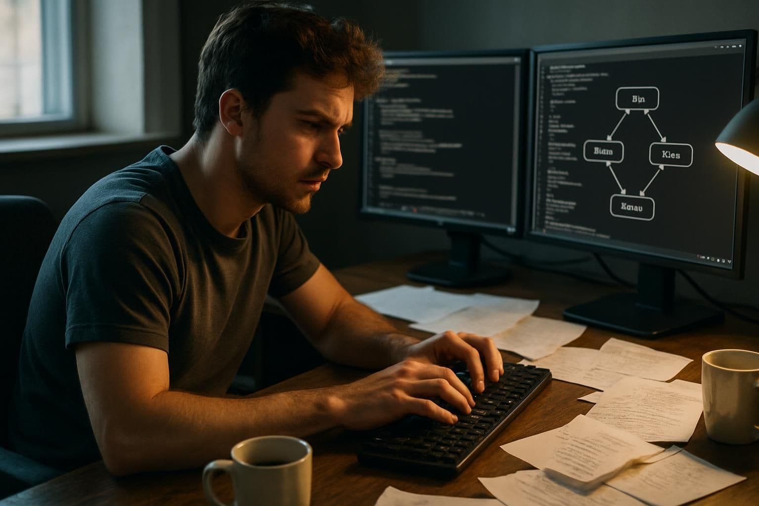A focused game developer works at a wooden desk, surrounded by coffee mugs, notes, and multiple monitors displaying code. A focused game developer works at a wooden desk, surrounded by coffee mugs, notes, and multiple monitors displaying code.