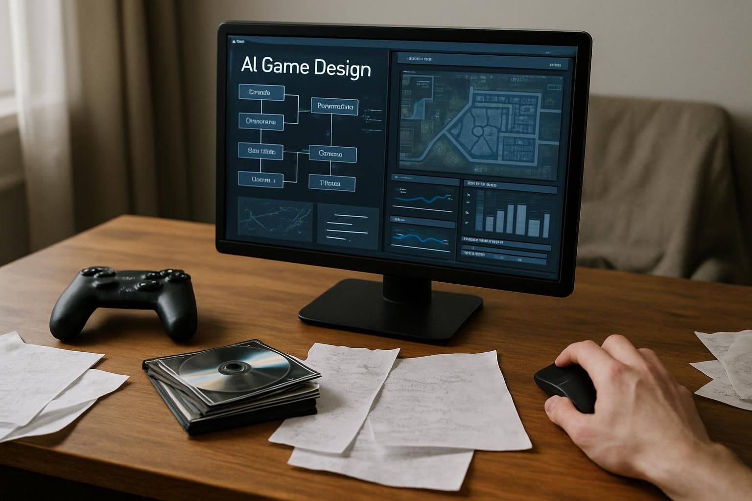 A busy wooden desk features a computer displaying game design software, a game controller, and scattered papers. A busy wooden desk features a computer displaying game design software, a game controller, and scattered papers.