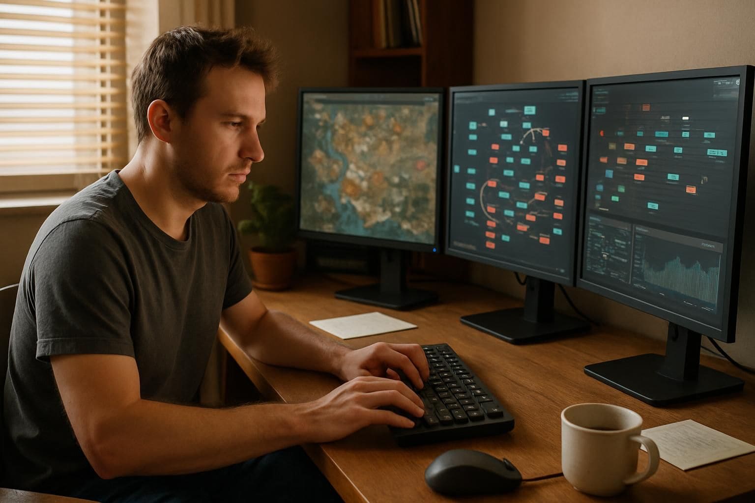 A focused man in a modest home office works on game design using multiple monitors and scattered notes. A focused man in a modest home office works on game design using multiple monitors and scattered notes.