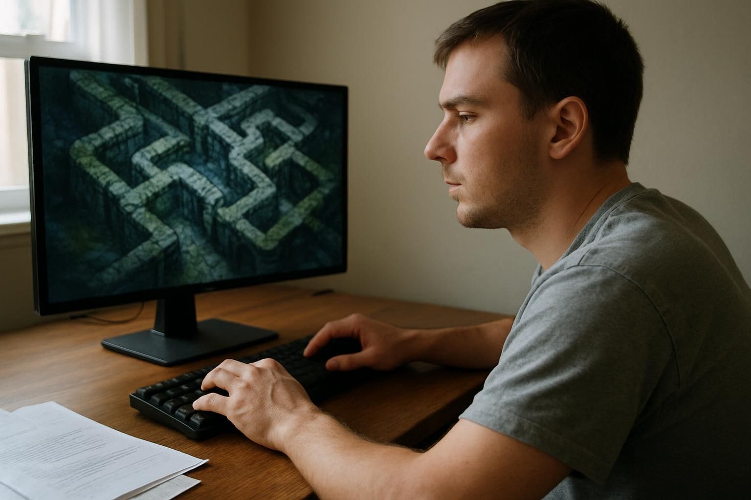 A person intensely plays a fantasy video game, focused on a detailed map while seated at a wooden desk. A person intensely plays a fantasy video game, focused on a detailed map while seated at a wooden desk.