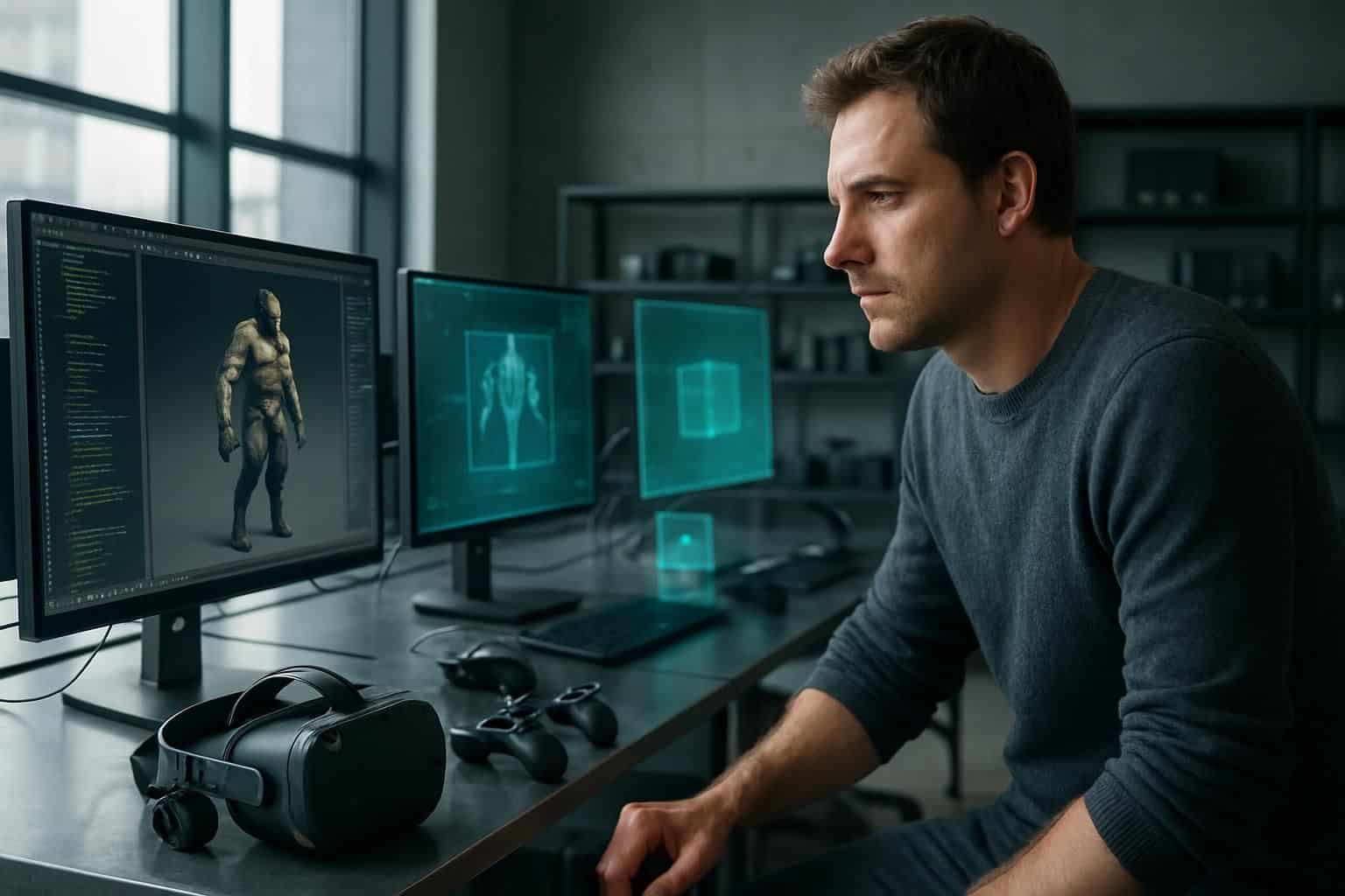 A modern game development lab features sleek desks, advanced monitors, and a focused man working among organized hardware. A modern game development lab features sleek desks, advanced monitors, and a focused man working among organized hardware.