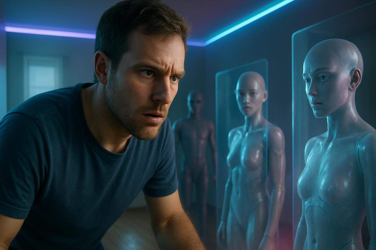 A focused man engages with a virtual reality interface surrounded by realistic AI-controlled humanoid figures. A focused man engages with a virtual reality interface surrounded by realistic AI-controlled humanoid figures.