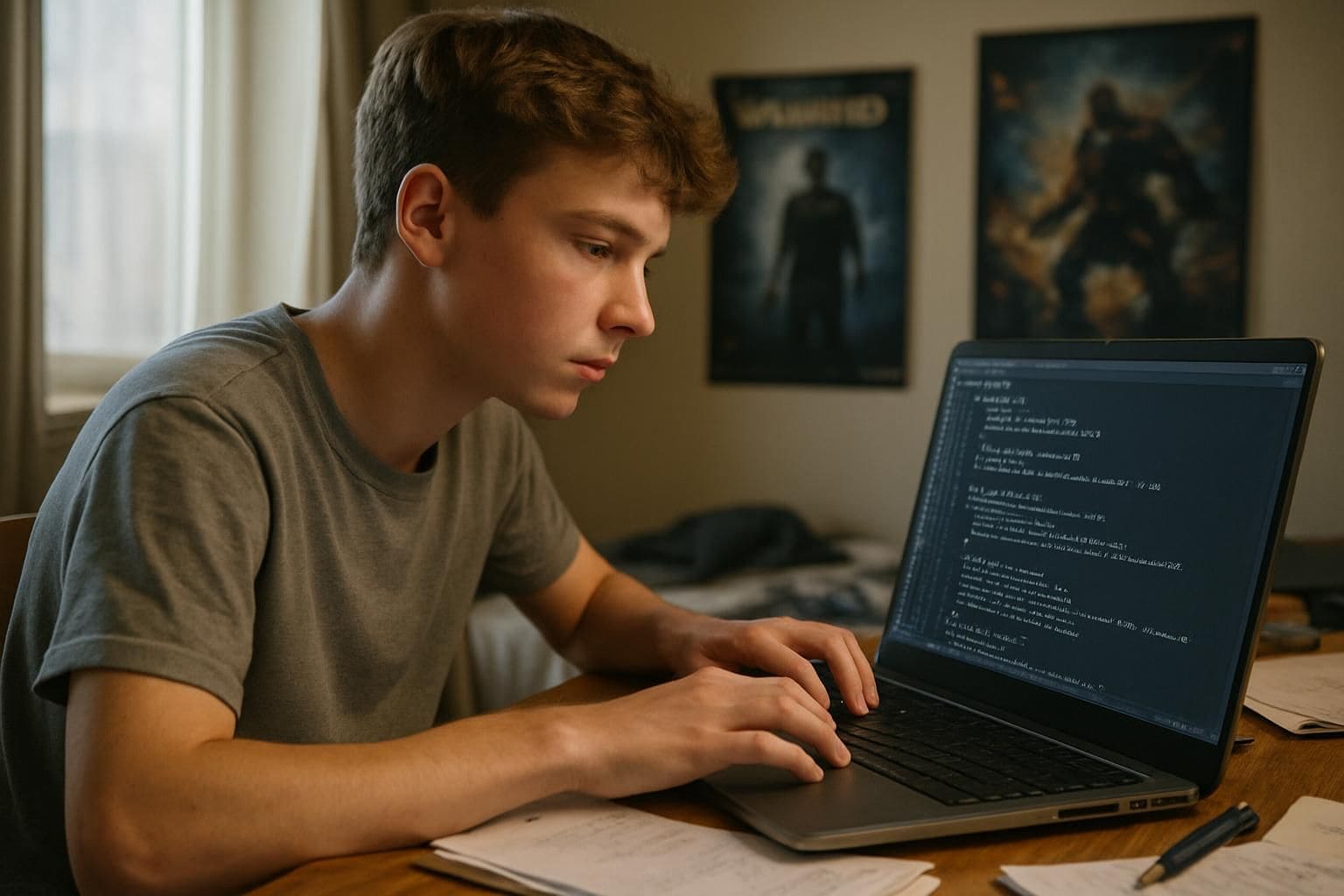 A focused teenage boy studies complex game development algorithms on his laptop at a cluttered wooden desk. A focused teenage boy studies complex game development algorithms on his laptop at a cluttered wooden desk.