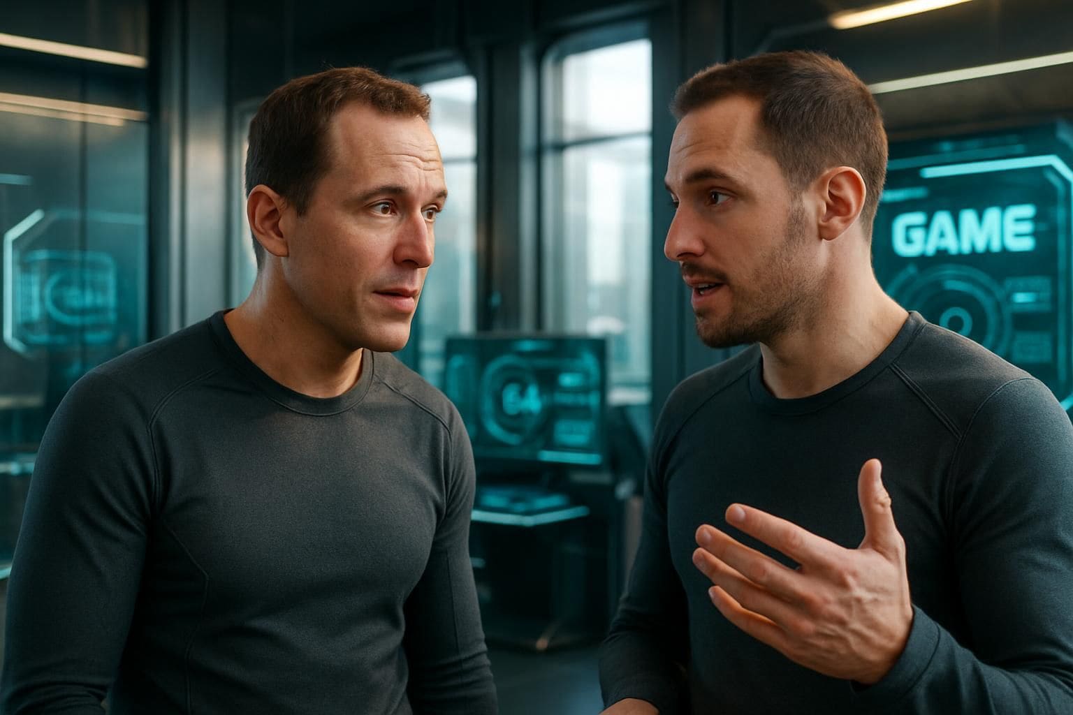 A futuristic gaming environment features lifelike NPCs engaging in conversation amid advanced technology and immersive holographic interfaces. A futuristic gaming environment features lifelike NPCs engaging in conversation amid advanced technology and immersive holographic interfaces.