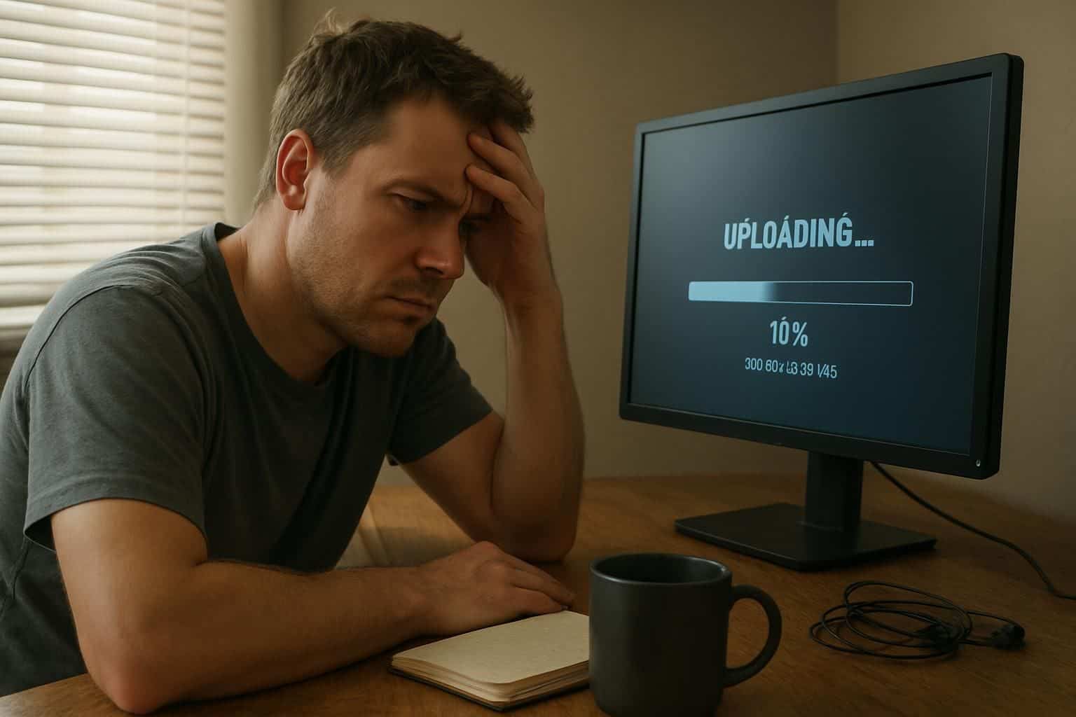 A young woman in a gray t-shirt types focused on a laptop at a rustic wooden desk in a minimalist home office. files over miles challenges of using files over miles 382387281