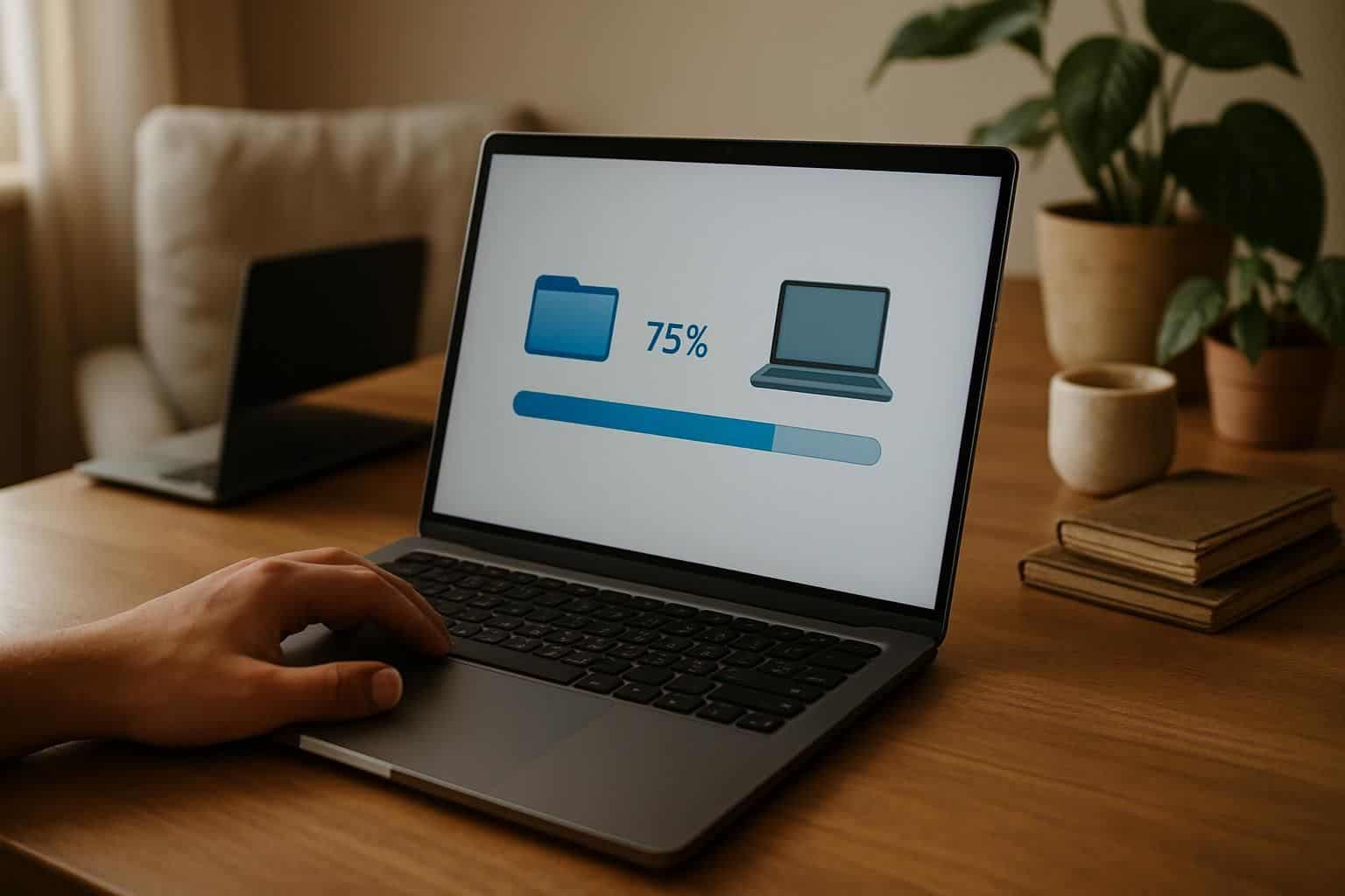 A young man sits at a wooden table, focused on his laptop screen while navigating cloud storage options. files over miles key benefits of files over miles 382387851