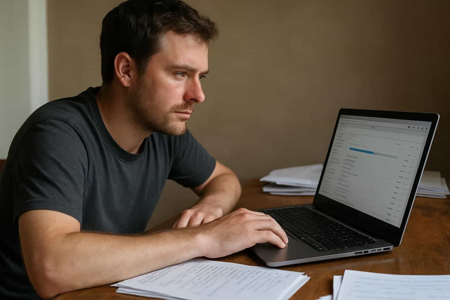 A focused man in a gray t-shirt sits at a worn desk, working on a laptop surrounded by papers. A focused man in a gray t-shirt sits at a worn desk, working on a laptop surrounded by papers.