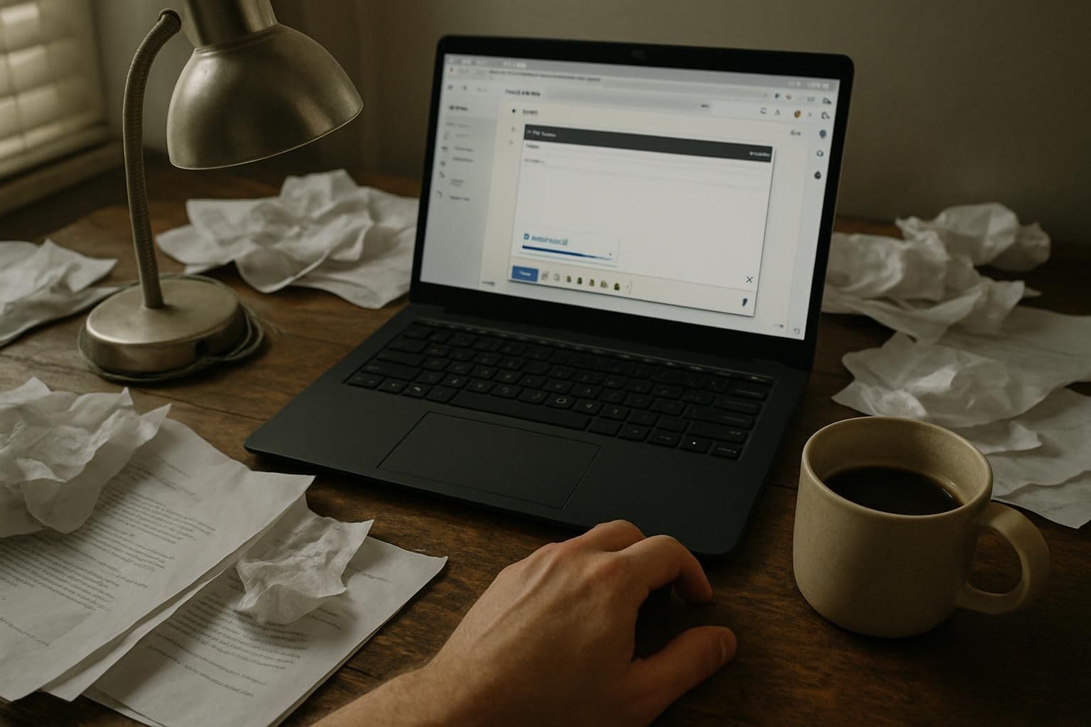 A cluttered home office desk features a laptop, scattered papers, a coffee mug, and a slightly crooked desk lamp. A cluttered home office desk features a laptop, scattered papers, a coffee mug, and a slightly crooked desk lamp.
