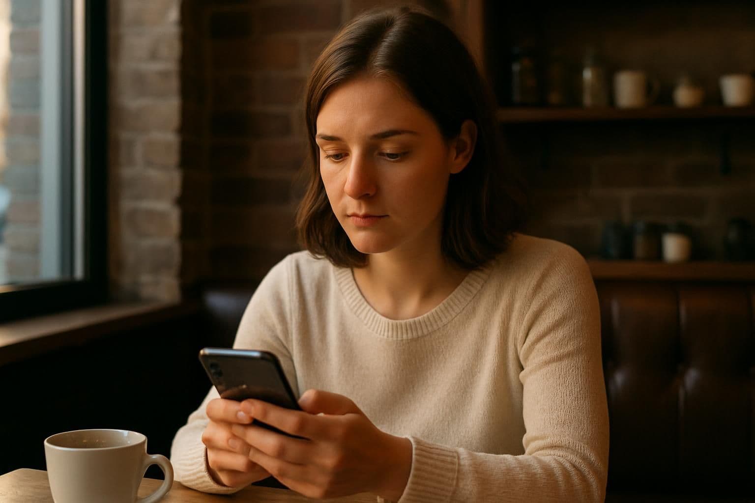 A woman in a cream sweater sits alone at a wooden table, focused on her smartphone in a cozy coffee shop. A woman in a cream sweater sits alone at a wooden table, focused on her smartphone in a cozy coffee shop.