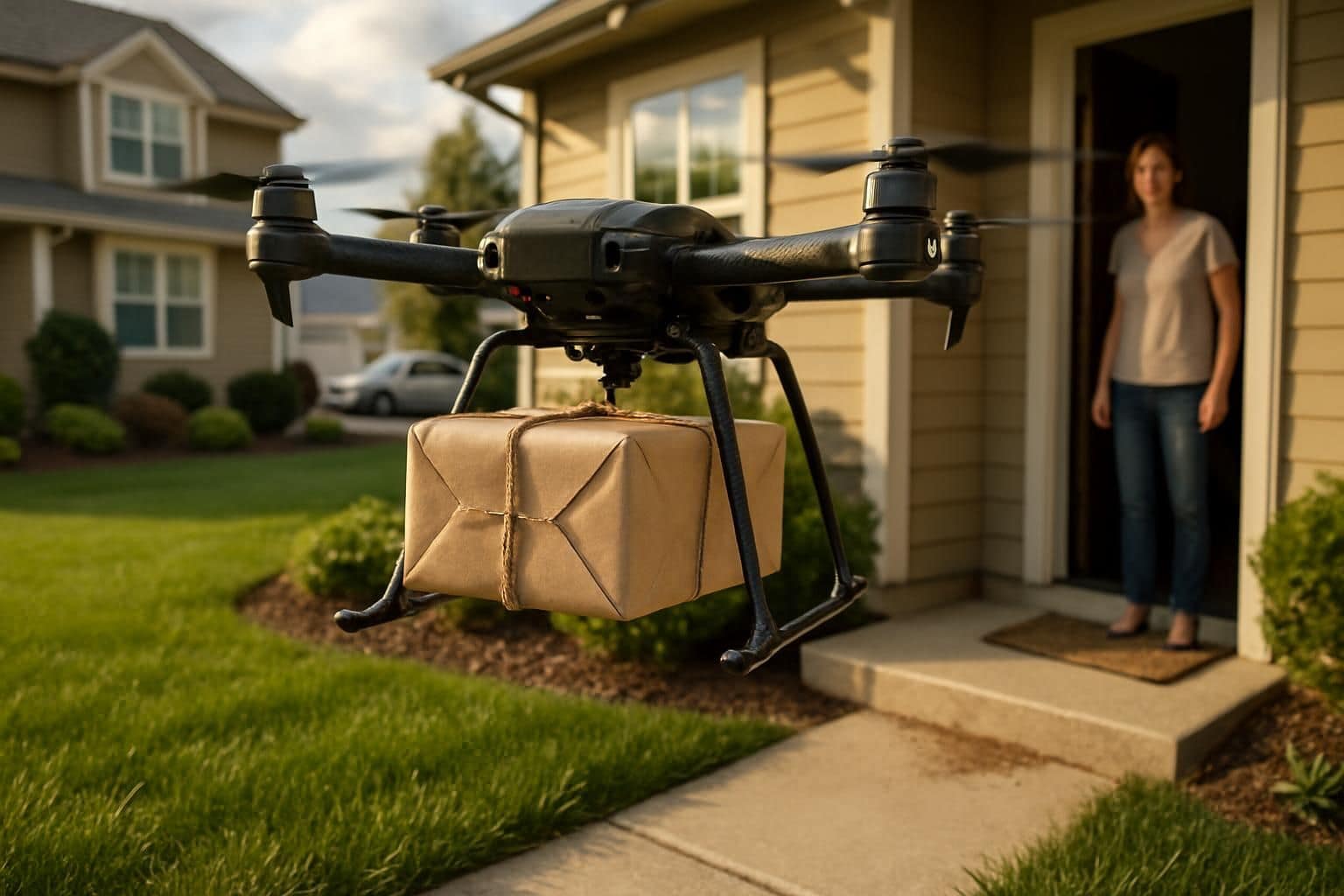 A drone hovers above a suburban yard, delivering a parcel wrapped in brown paper to a doorstep. A drone hovers above a suburban yard, delivering a parcel wrapped in brown paper to a doorstep.
