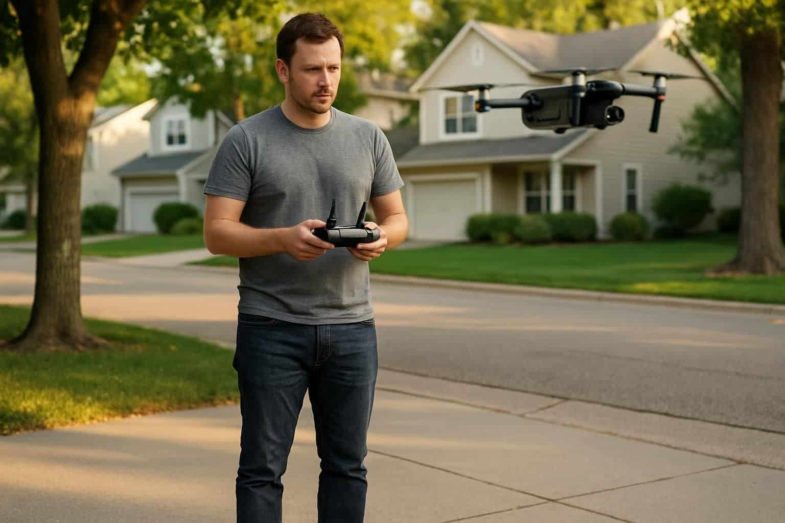 A man in casual attire focuses on controlling a hovering drone in a suburban neighborhood. A man in casual attire focuses on controlling a hovering drone in a suburban neighborhood.