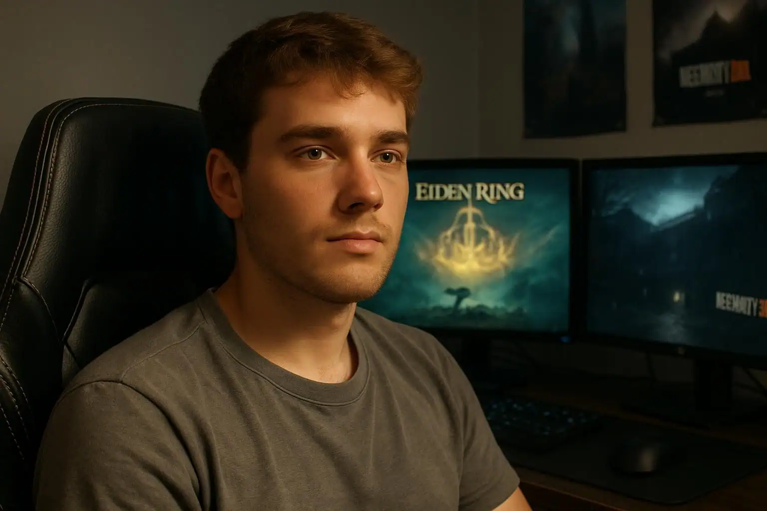 A young man in a gaming chair takes a pause, surrounded by monitors showcasing gameplay from popular video games. A young man in a gaming chair takes a pause, surrounded by monitors showcasing gameplay from popular video games.