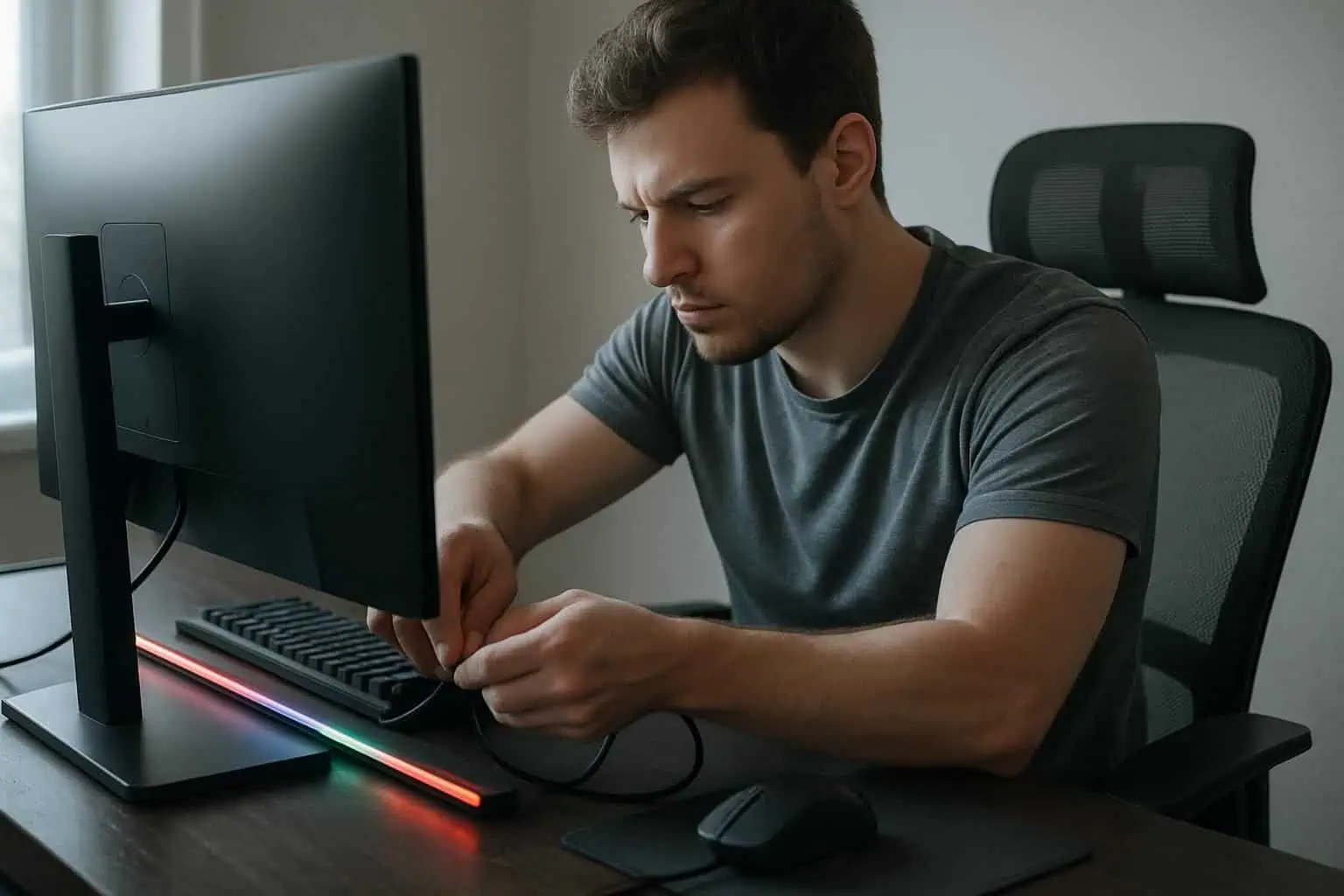 A focused man adjusts cables at a sleek gaming desk with high-tech equipment and an ergonomic chair. A focused man adjusts cables at a sleek gaming desk with high-tech equipment and an ergonomic chair.