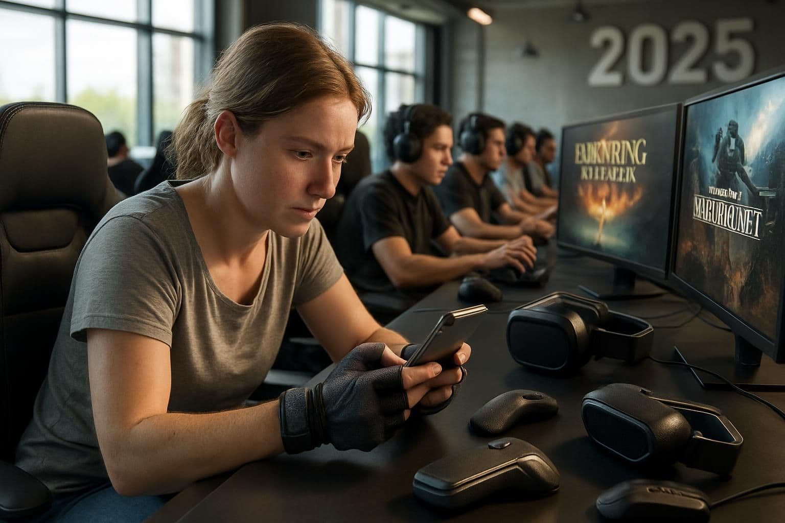 A focused woman competes in an eSports arena, using advanced gaming technology amid a bustling atmosphere. A focused woman competes in an eSports arena, using advanced gaming technology amid a bustling atmosphere.