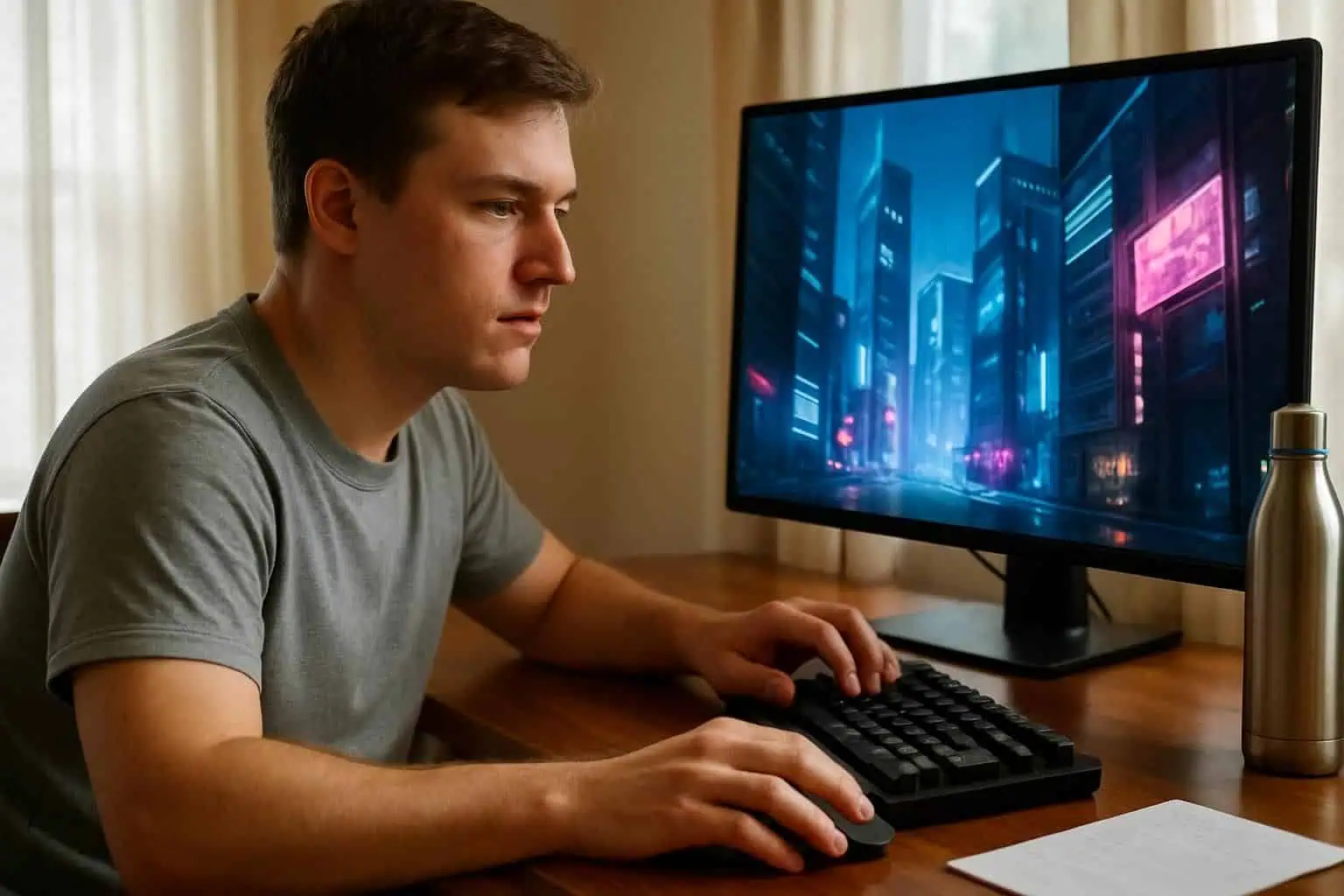 A focused young adult engages in an intense multiplayer game at a sleek desk, surrounded by notes and a water bottle. A focused young adult engages in an intense multiplayer game at a sleek desk, surrounded by notes and a water bottle.