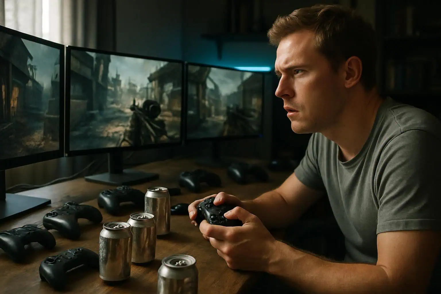 A focused gamer plays an intense first-person shooter at a cluttered desk with multiple monitors and controllers. A focused gamer plays an intense first-person shooter at a cluttered desk with multiple monitors and controllers.