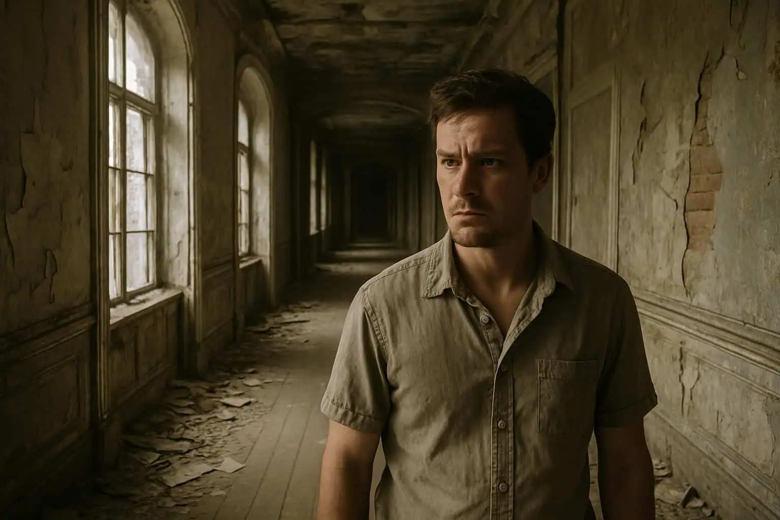 An abandoned mansion corridor features a solitary man, observing the decay of its once-elegant interior with apprehension. An abandoned mansion corridor features a solitary man, observing the decay of its once-elegant interior with apprehension.