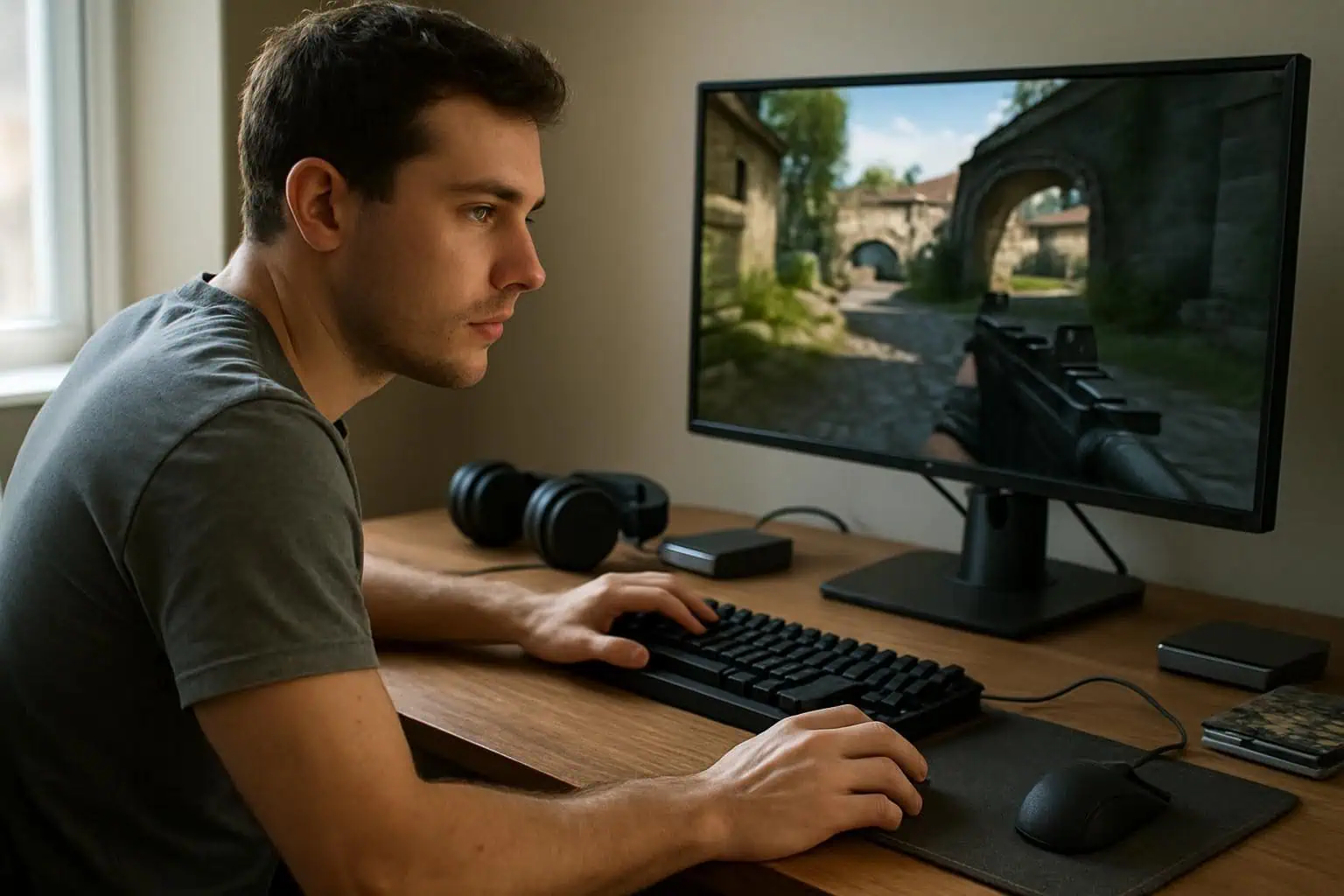 A young man prepares for an online gaming session at a sleek wooden desk adorned with gaming accessories. A young man prepares for an online gaming session at a sleek wooden desk adorned with gaming accessories.