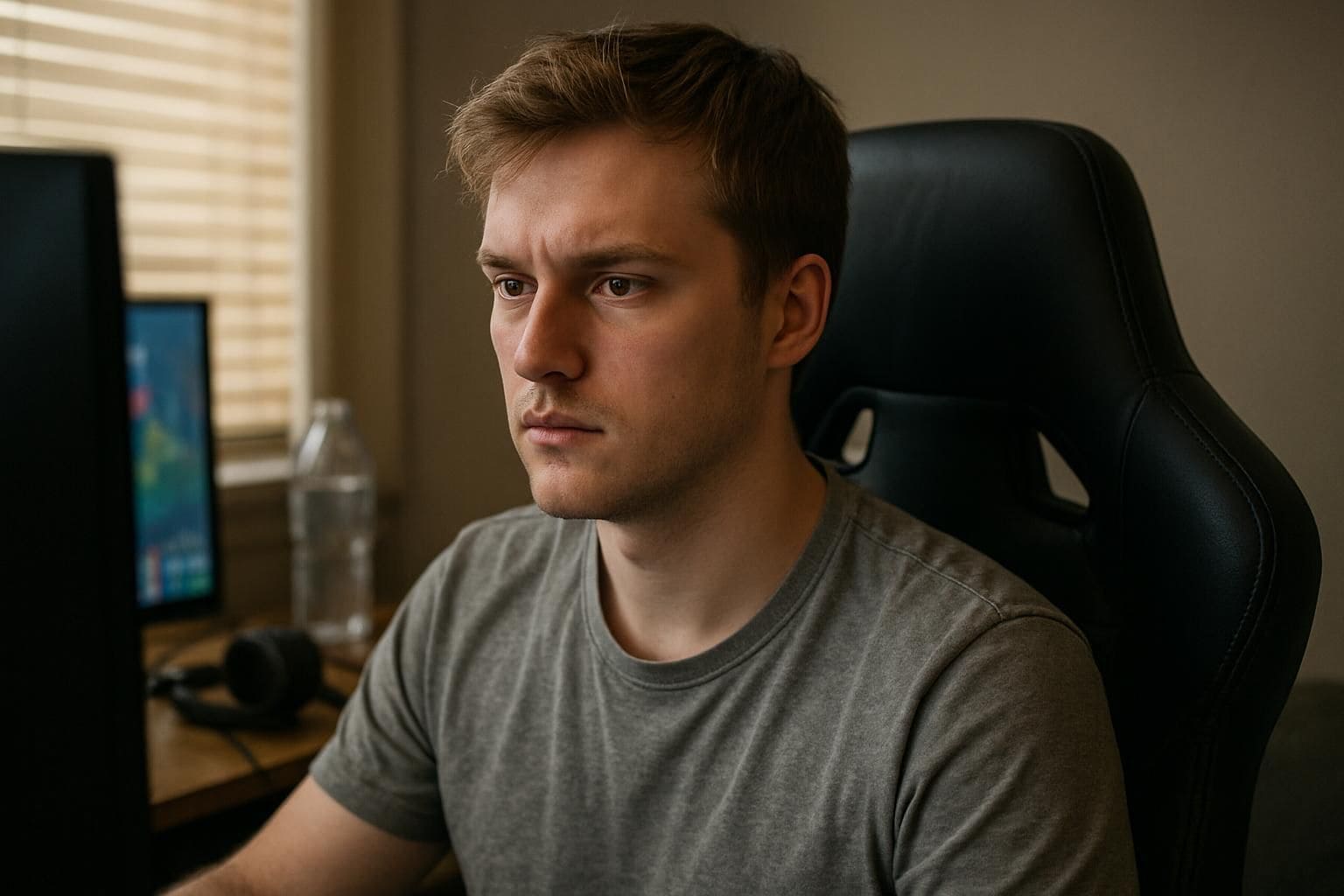 A young man seated in a gaming chair intensely focuses on his screen while strategizing in an online game. A young man seated in a gaming chair intensely focuses on his screen while strategizing in an online game.