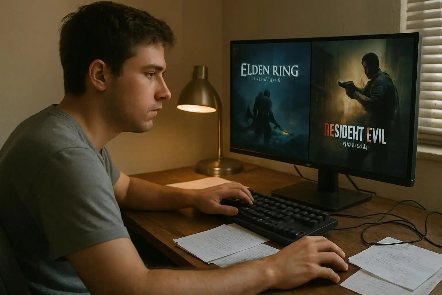 A focused young man sits at a cluttered desk engaged in gaming, surrounded by accessories and handwritten notes. A focused young man sits at a cluttered desk engaged in gaming, surrounded by accessories and handwritten notes.