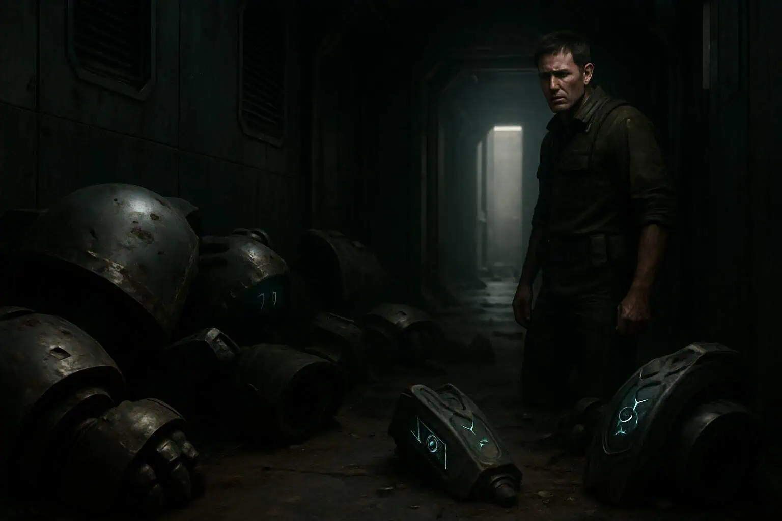 A soldier navigates a war-torn corridor filled with damaged power armor and alien machinery in a futuristic setting. A soldier navigates a war-torn corridor filled with damaged power armor and alien machinery in a futuristic setting.