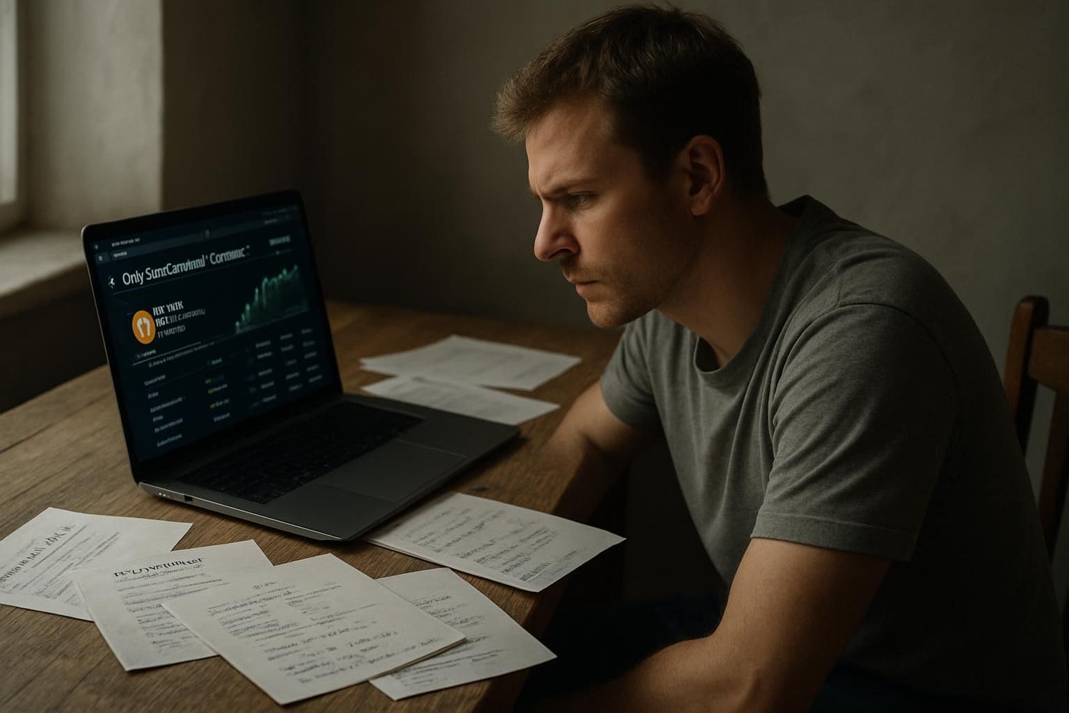 A focused man works intently on a laptop surrounded by financial notes in a cluttered home office. A focused man works intently on a laptop surrounded by financial notes in a cluttered home office.