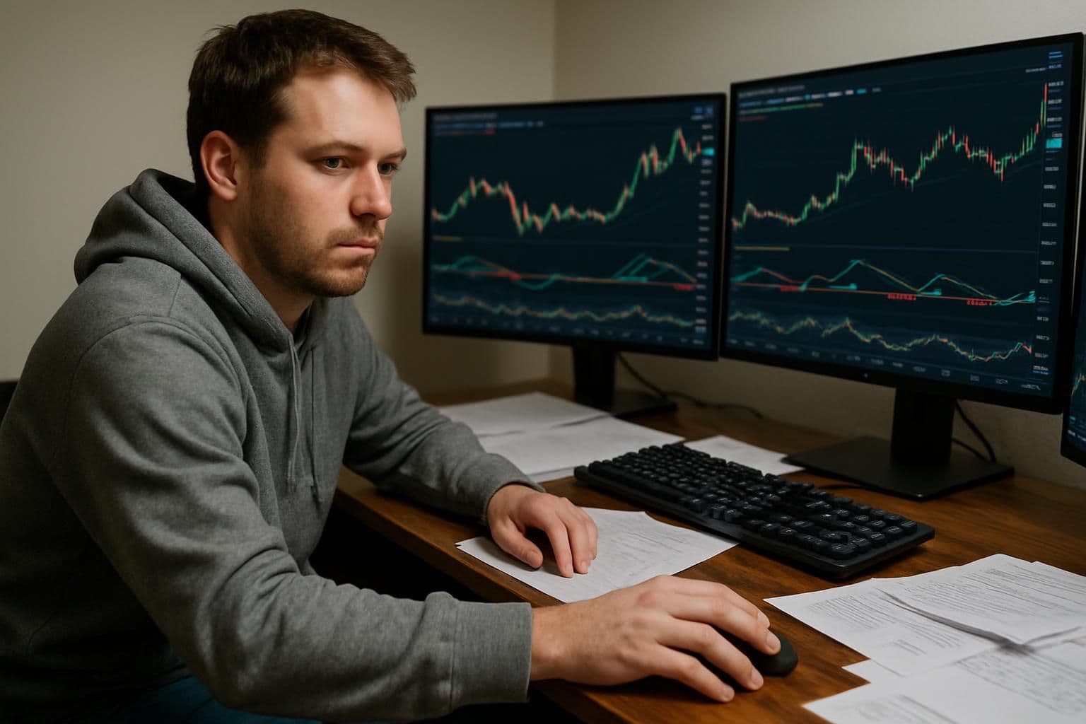 A focused man in a hoodie analyzes cryptocurrency charts at a cluttered wooden desk with multiple monitors. A focused man in a hoodie analyzes cryptocurrency charts at a cluttered wooden desk with multiple monitors.