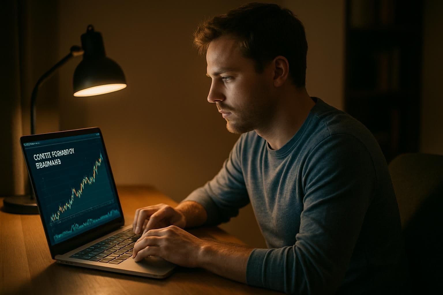 A man in his 30s studies cryptocurrency graphs on his laptop in a modern home office. A man in his 30s studies cryptocurrency graphs on his laptop in a modern home office.