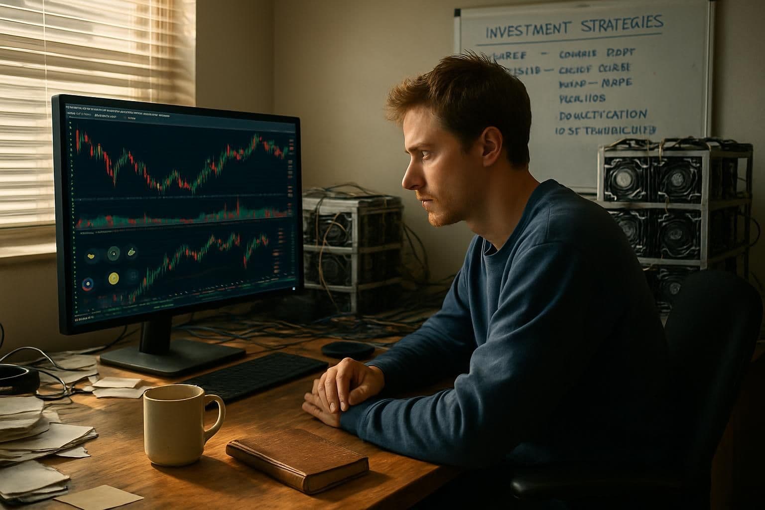 A man intensely analyzes cryptocurrency charts in a cluttered home office filled with strategic notes and mining rigs. A man intensely analyzes cryptocurrency charts in a cluttered home office filled with strategic notes and mining rigs.