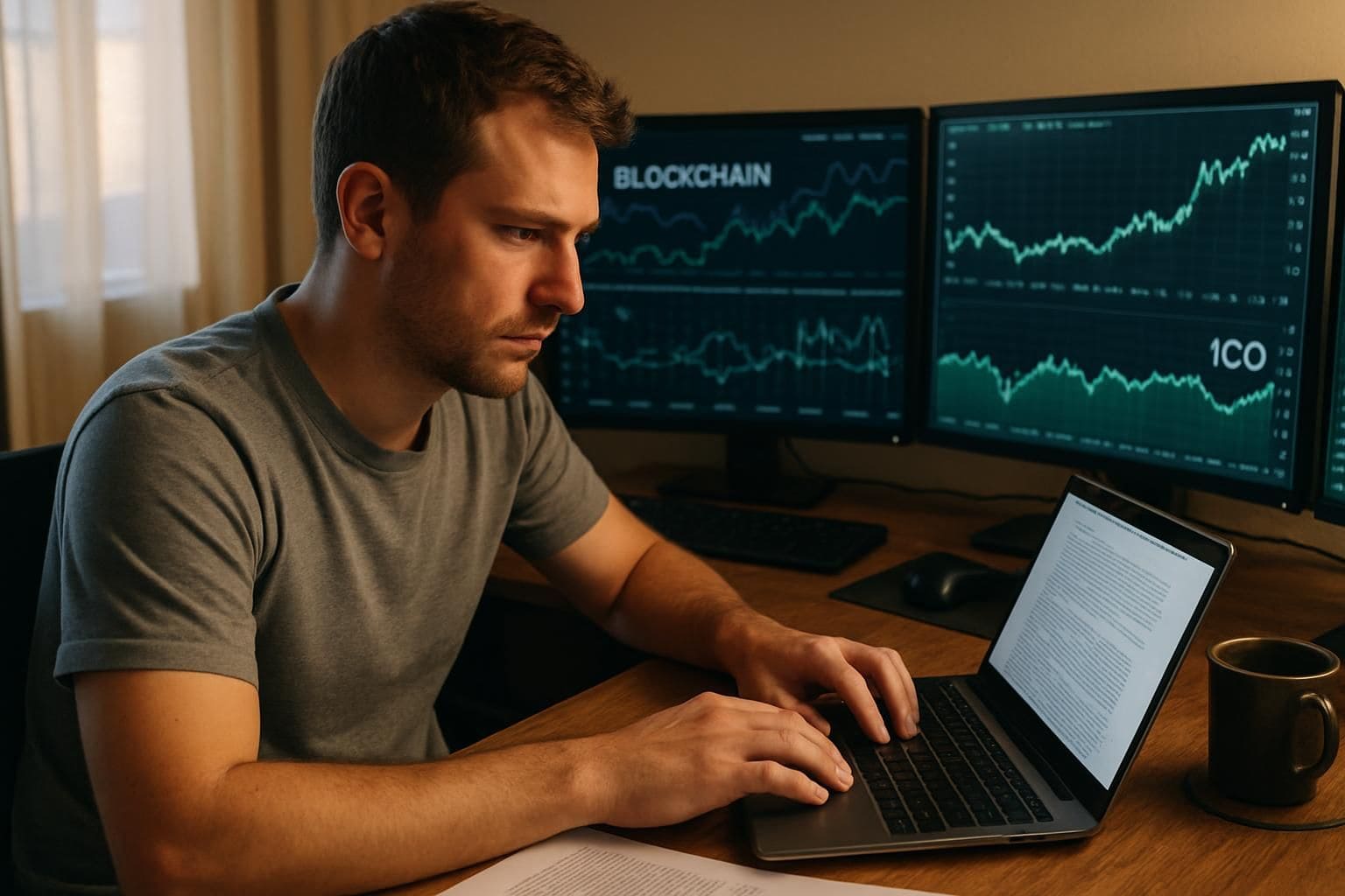 A focused man in his 30s works at a desk with a laptop and multiple monitors displaying cryptocurrency data. A focused man in his 30s works at a desk with a laptop and multiple monitors displaying cryptocurrency data.