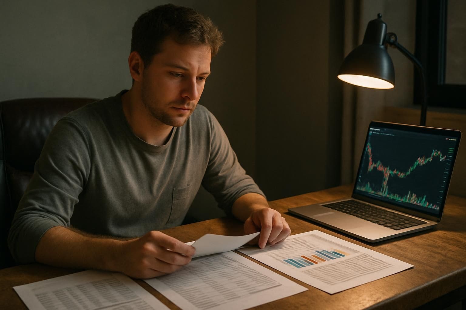 A focused man analyzes financial documents at a cluttered wooden desk in a modest home office. A focused man analyzes financial documents at a cluttered wooden desk in a modest home office.