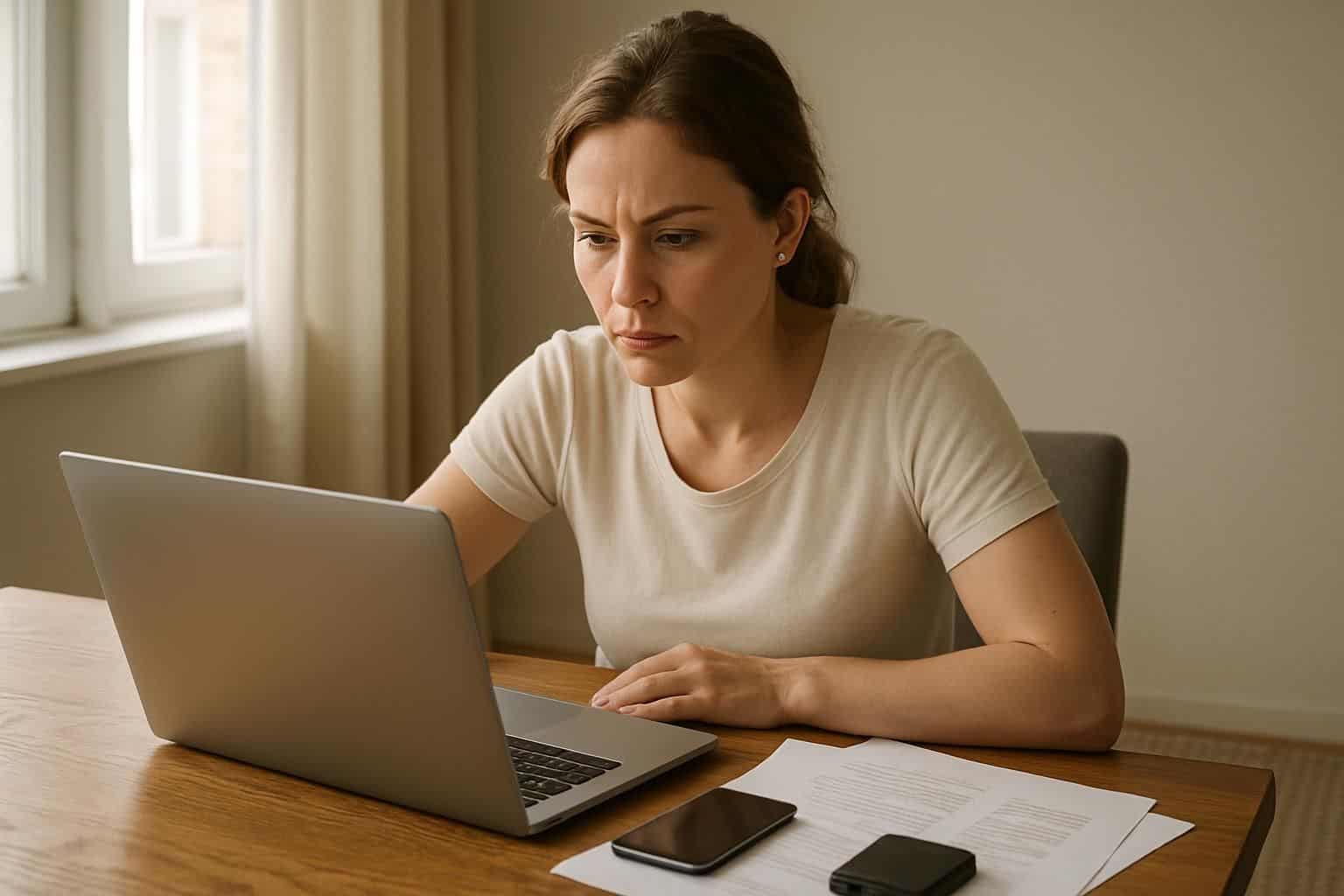 A woman in her 30s is focused on her laptop at a modern home office desk. A woman in her 30s is focused on her laptop at a modern home office desk.