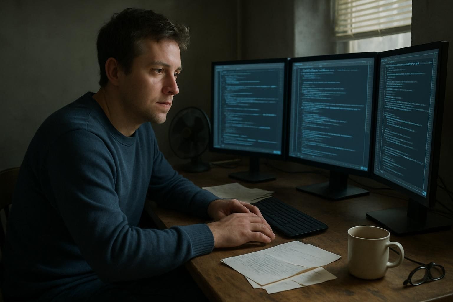 A man in a faded sweater works intently at a cluttered desk surrounded by multiple computer monitors displaying complex data. A man in a faded sweater works intently at a cluttered desk surrounded by multiple computer monitors displaying complex data.