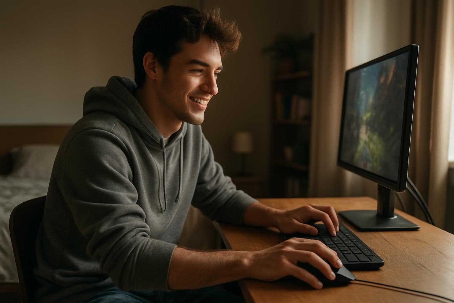 A young man smiles while gaming at his wooden desk in a cozy, well-decorated bedroom. A young man smiles while gaming at his wooden desk in a cozy, well-decorated bedroom.