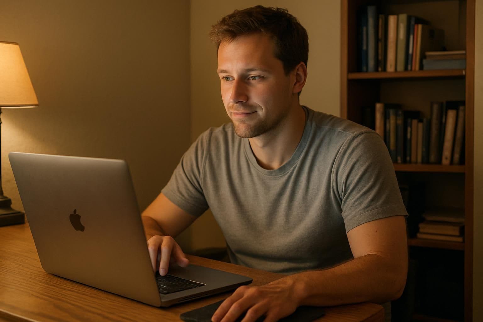 A casually dressed man works intently at a wooden desk in his home office surrounded by books and office supplies. A casually dressed man works intently at a wooden desk in his home office surrounded by books and office supplies.