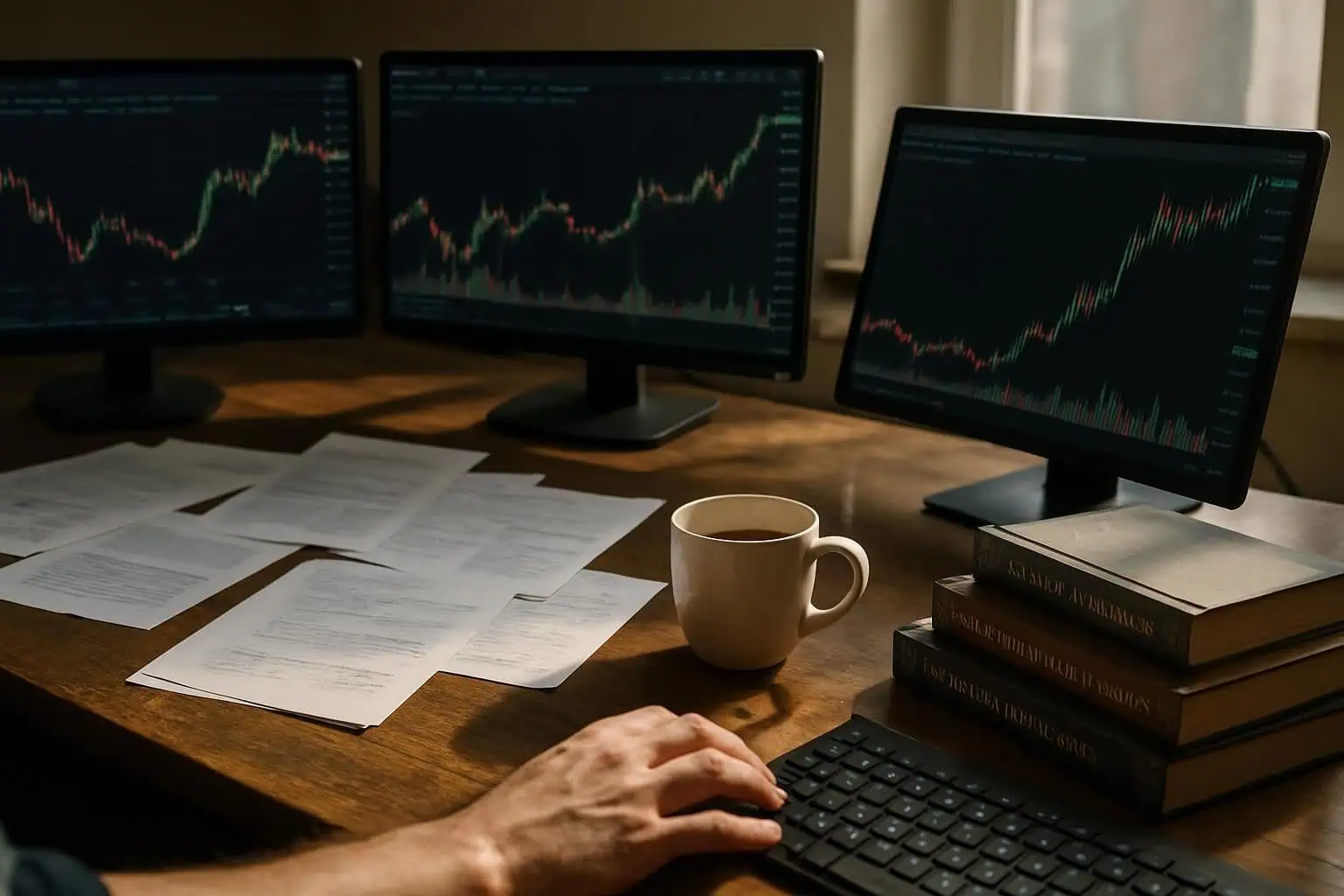 A cluttered home office desk showcases cryptocurrency trading with monitors, notes, and coffee, reflecting an engaged workspace. A cluttered home office desk showcases cryptocurrency trading with monitors, notes, and coffee, reflecting an engaged workspace.