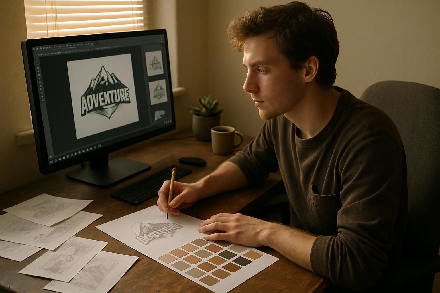 A young indie game developer sketches a logo at a cluttered desk, surrounded by design materials and personal items. A young indie game developer sketches a logo at a cluttered desk, surrounded by design materials and personal items.