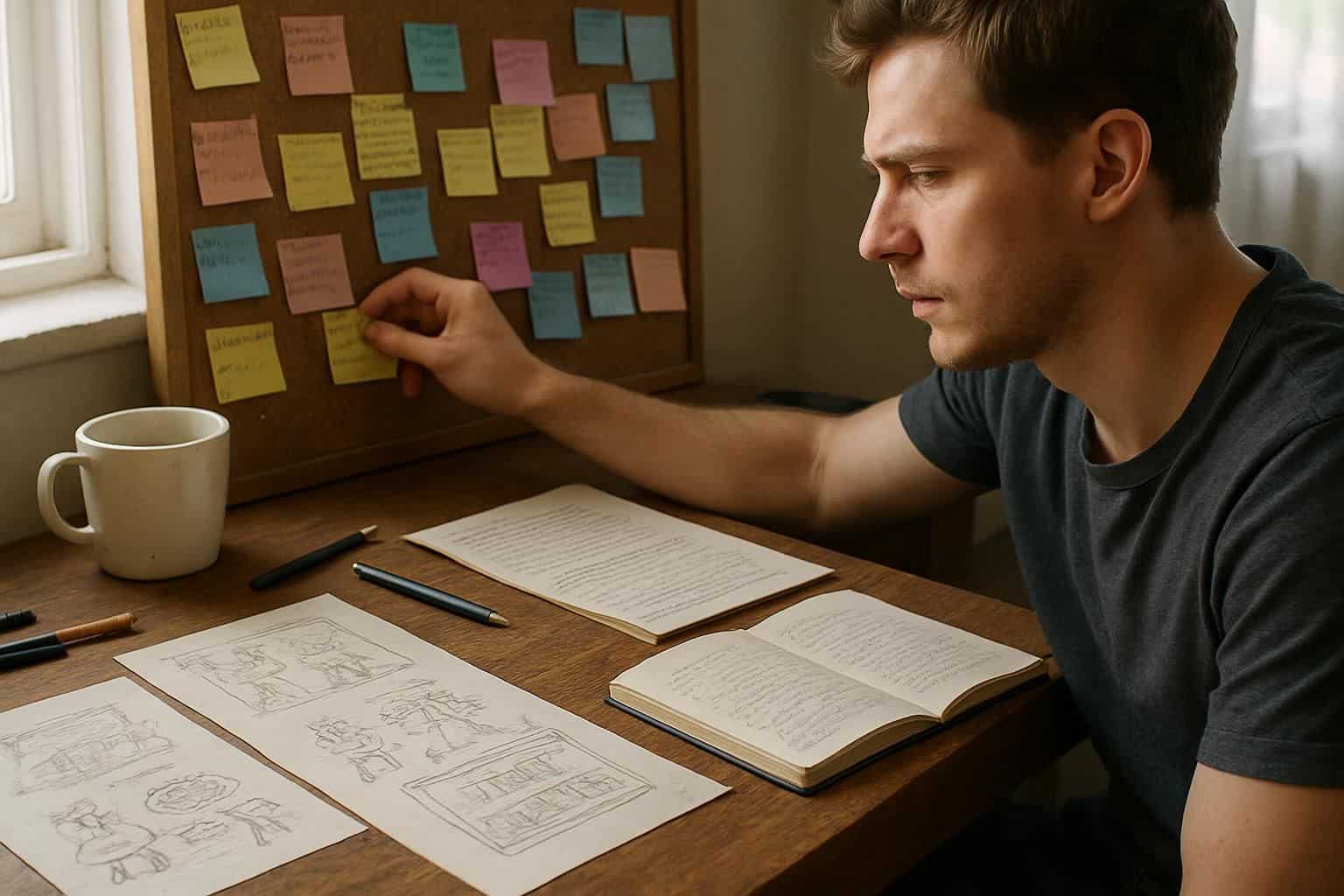 An indie game developer's cluttered desk showcases sketches, notes, and creative energy in a dedicated workspace. An indie game developer's cluttered desk showcases sketches, notes, and creative energy in a dedicated workspace.