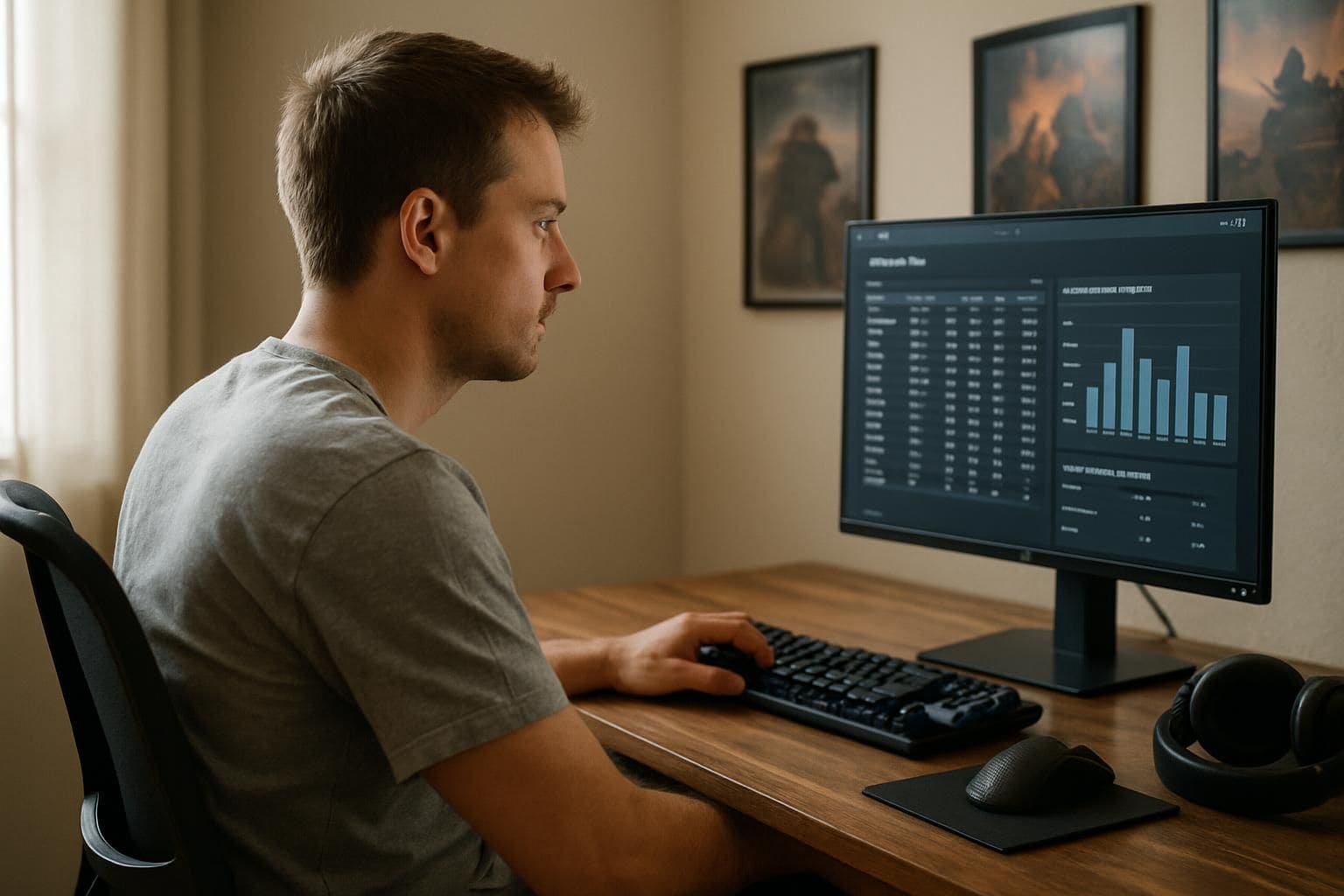 A man in his late 20s focuses on gaming analytics at his home office desk, surrounded by tech gadgets. A man in his late 20s focuses on gaming analytics at his home office desk, surrounded by tech gadgets.