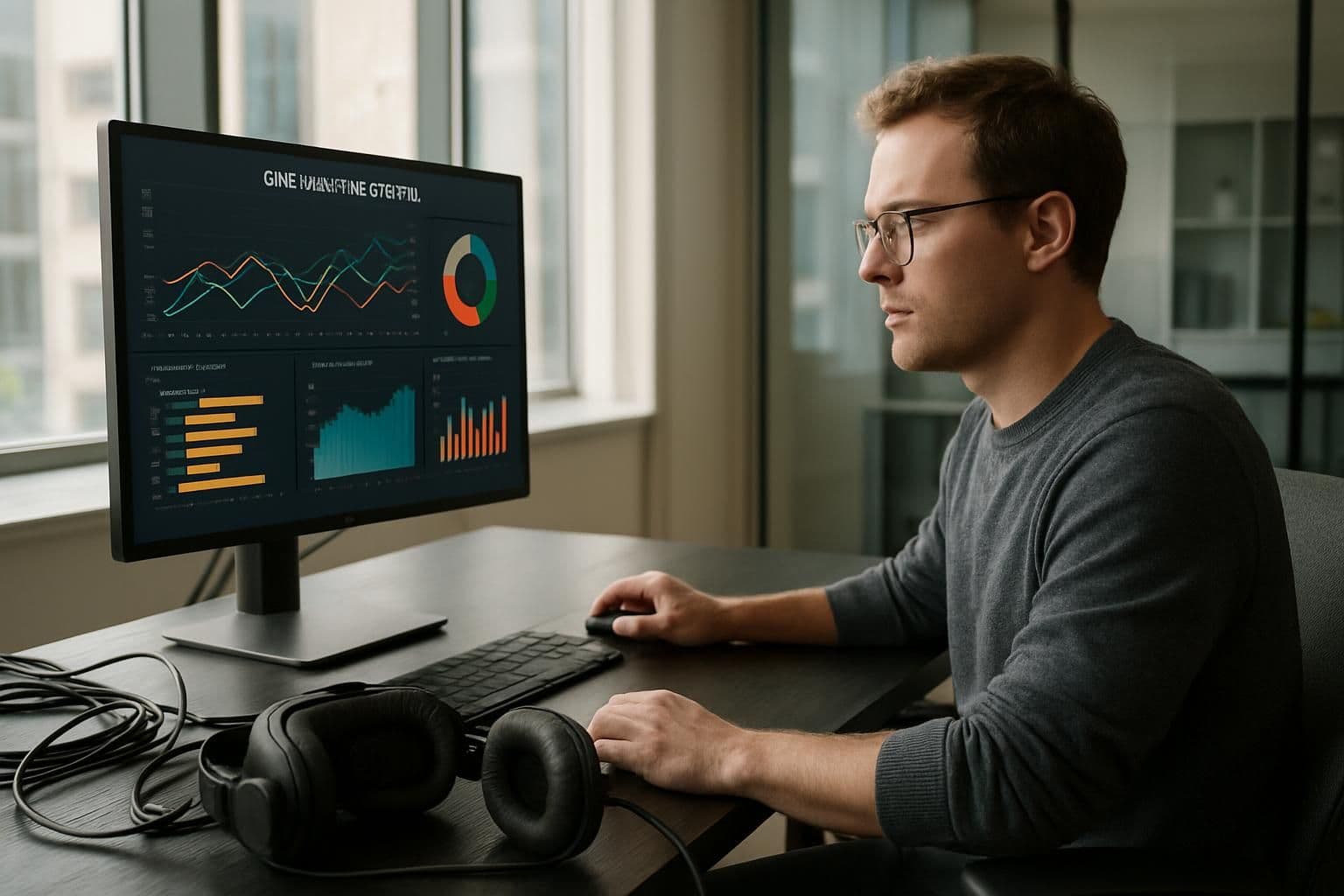 A modern office displays gaming accessories and analytics on a sleek desk, with an individual engaged in work. A modern office displays gaming accessories and analytics on a sleek desk, with an individual engaged in work.