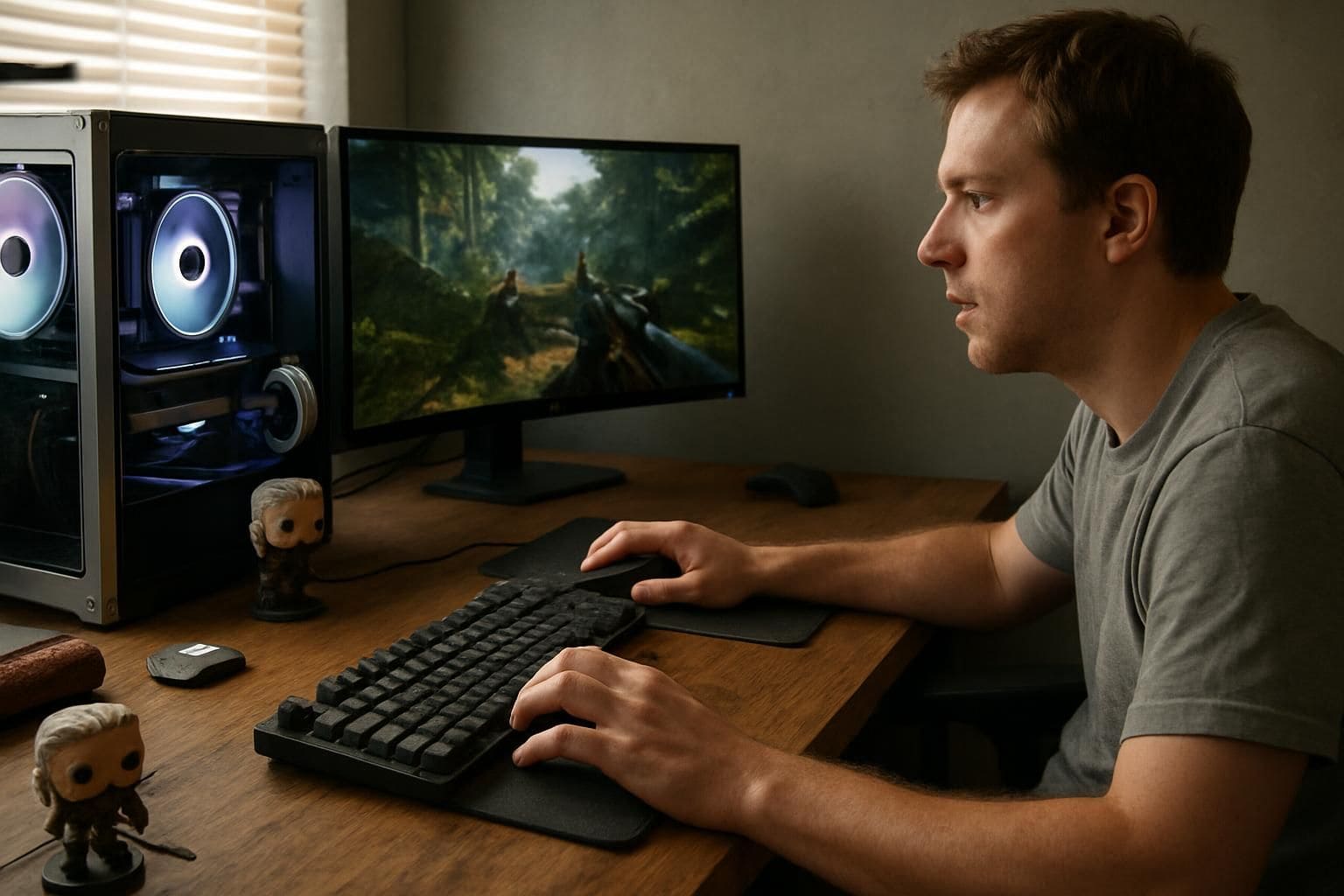 A cluttered home office features a custom gaming PC, ultrawide monitors, and various gaming accessories, embodying a cozy gaming sanctuary. A cluttered home office features a custom gaming PC, ultrawide monitors, and various gaming accessories, embodying a cozy gaming sanctuary.